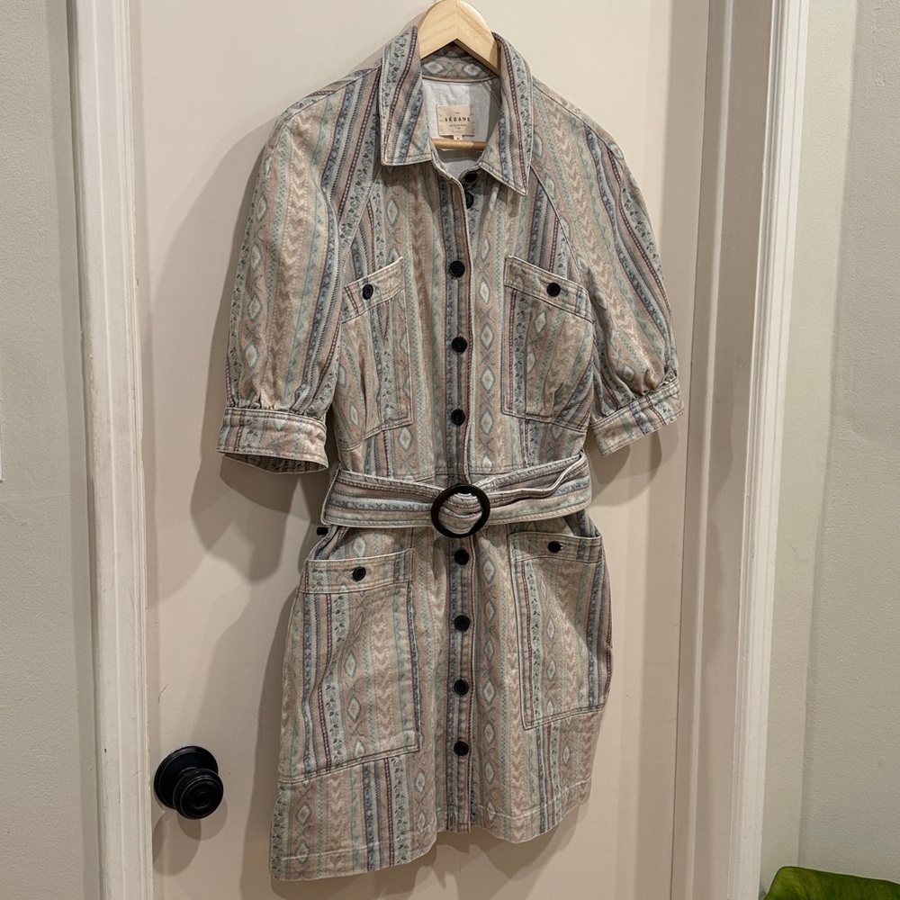 SÉZANE Ren Tribal/Aztec Print Denim Button Down Dress sz US 8 / FR 40 - Picture 7 of 14
